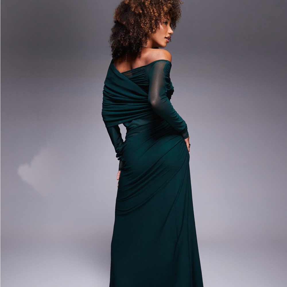 ASOS Emerald Long Sleeve Off-Shoulder Dress - Picture 2 of 11